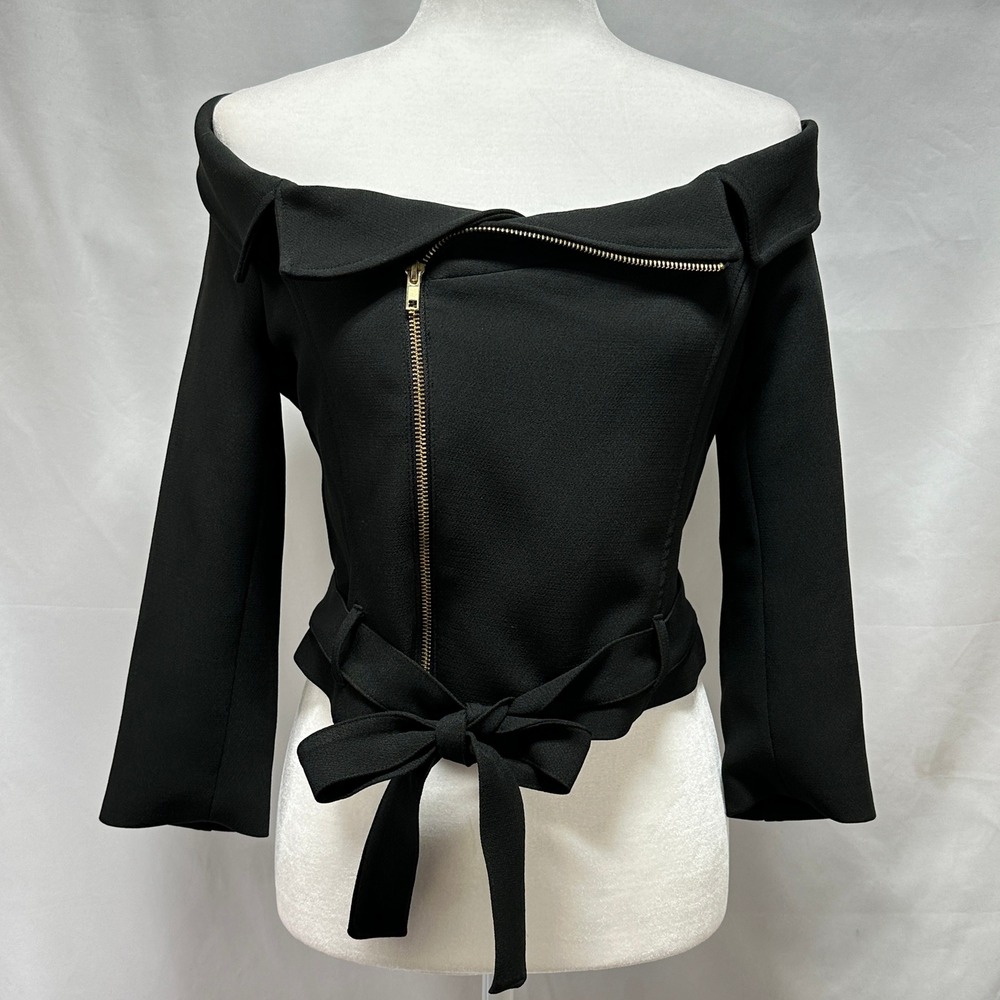 Off-Shoulder Black Zip-Front Blazer with Waist Tie